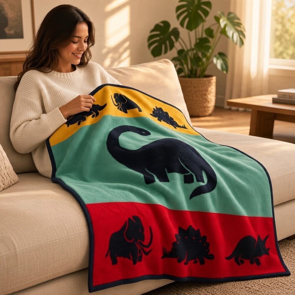 Vintage 80's Dinosaur Throw Blanket Plush Reversible Twin Size Crown Crafts
